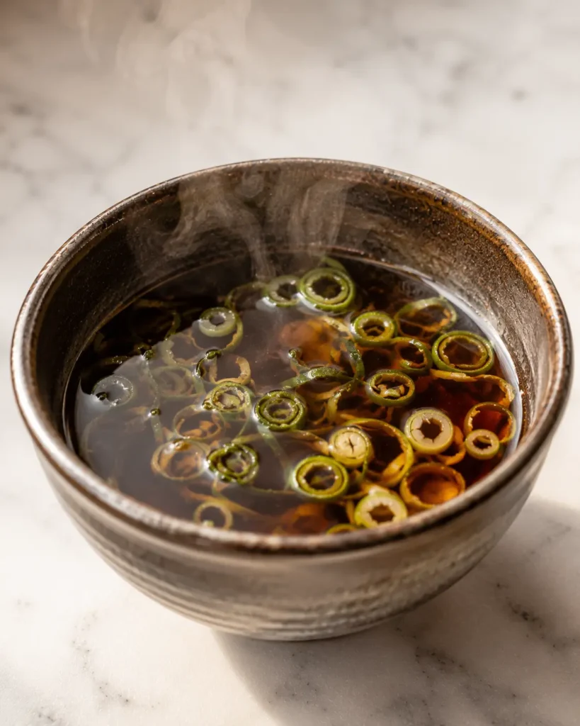 Homemade soba dipping sauce (tsuyu) in a ceramic bowl