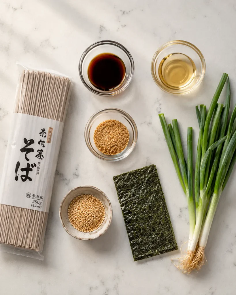 Ingredients for cold soba noodles including buckwheat noodles, soy sauce, and mirin