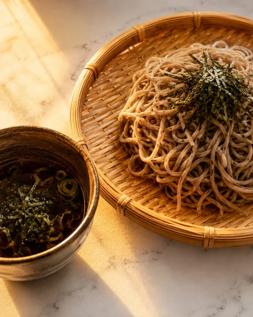 Plated zaru soba with dipping sauce, scallions, and nori garnish