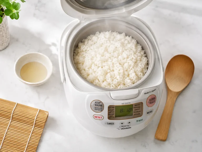 Overhead flat lay of a rice cooker open with glossy short-grain sushi rice inside
