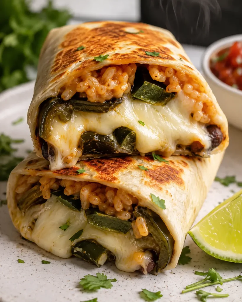 Chile relleno burrito cut in half showing cheese pull, garnished with cilantro and lime