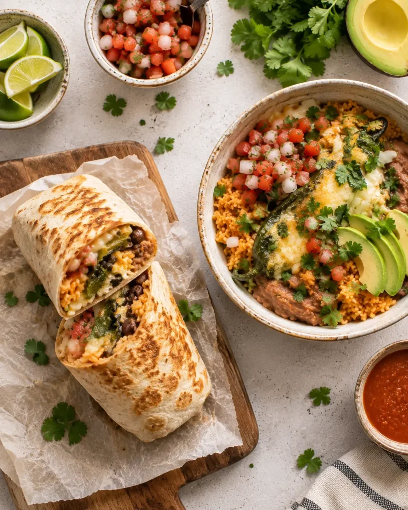 Chile relleno burrito next to a deconstructed burrito bowl variation