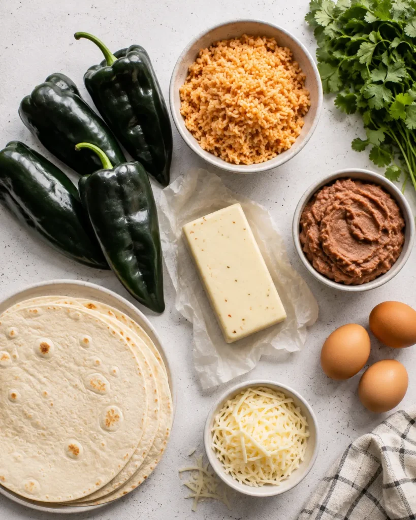 Ingredients for chile relleno burrito including poblano peppers, cheese, rice, and tortillas
