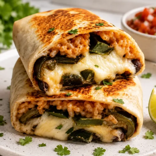 Cheesy chile relleno burrito sliced in half showing melted cheese and roasted poblano
