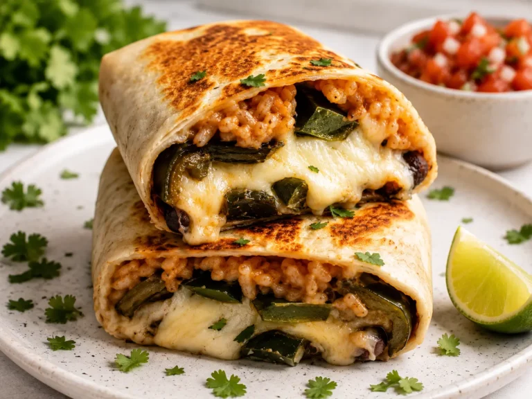 Cheesy chile relleno burrito sliced in half showing melted cheese and roasted poblano
