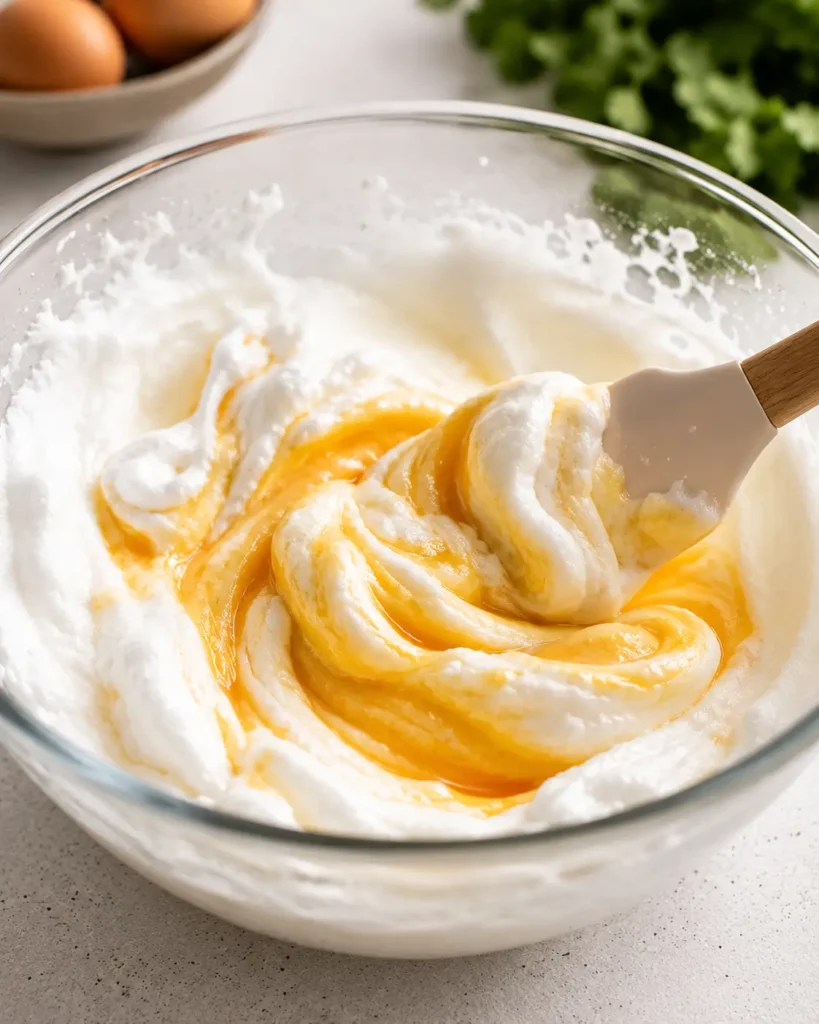 Whipped egg white batter being folded for authentic chile relleno