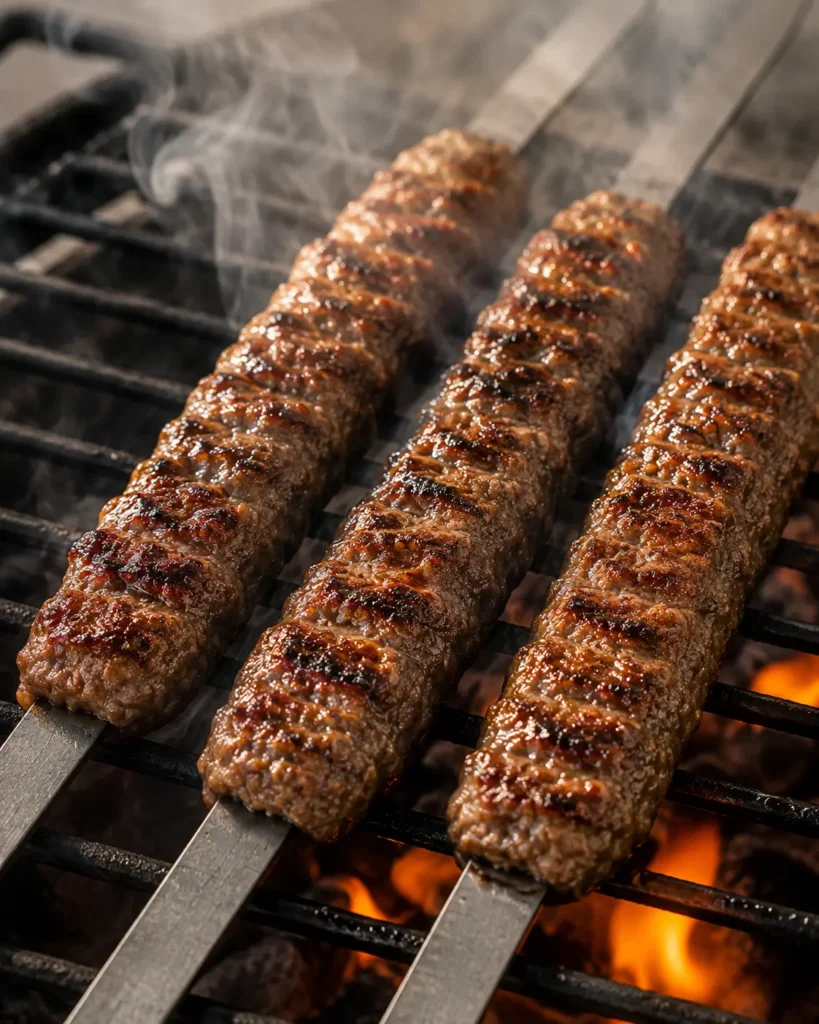 Persian beef kebab skewers grilling over open flame