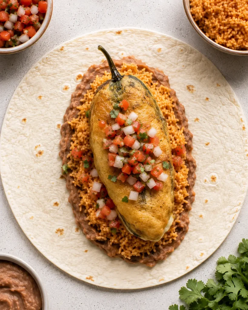 Hands rolling and tucking a chile relleno burrito tightly