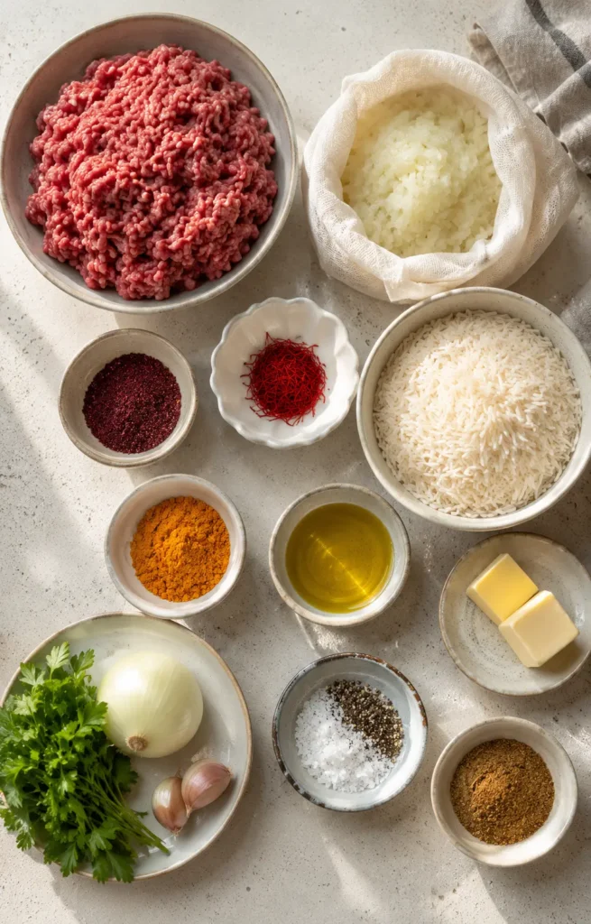 Ingredients for koobideh recipe including ground beef, onion, and saffron
