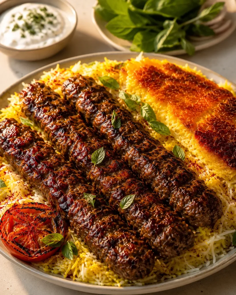 Overhead view of Persian chelo kabab dinner with grilled tomato and herbs