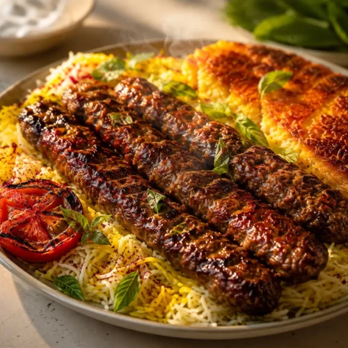 Authentic Persian chelo kabab with saffron rice and crispy tahdig