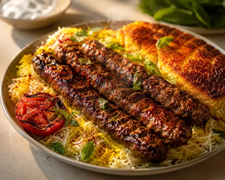 Authentic Persian chelo kabab with saffron rice and crispy tahdig