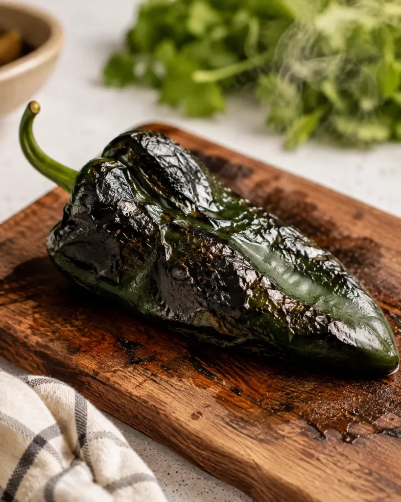 Freshly roasted charred poblano pepper for chile relleno burrito recipe