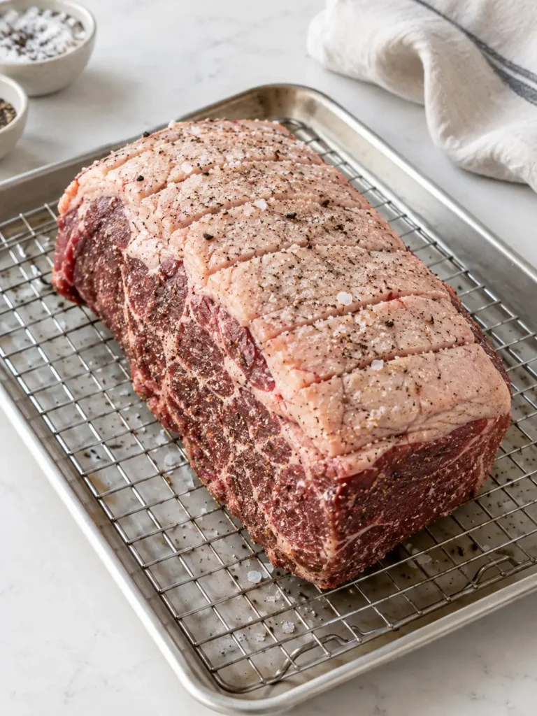 Dry-brined NY strip roast with scored fat cap resting on a wire rack before roasting
