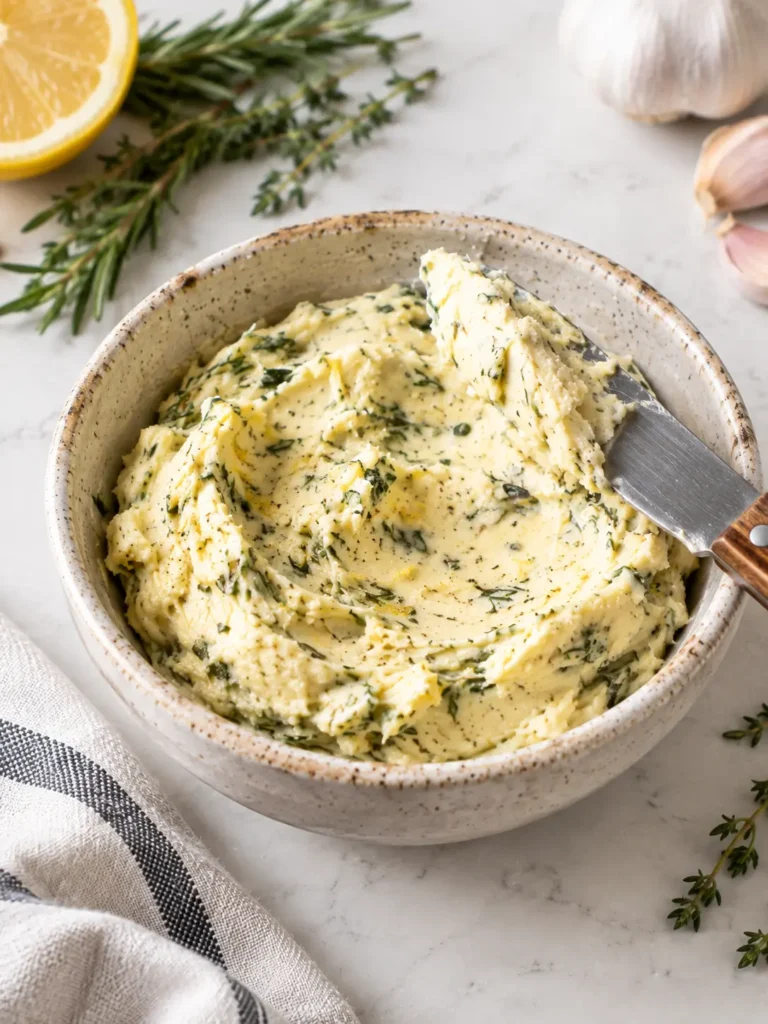 Bowl of softened garlic-herb butter with rosemary and thyme for a New York steak roast