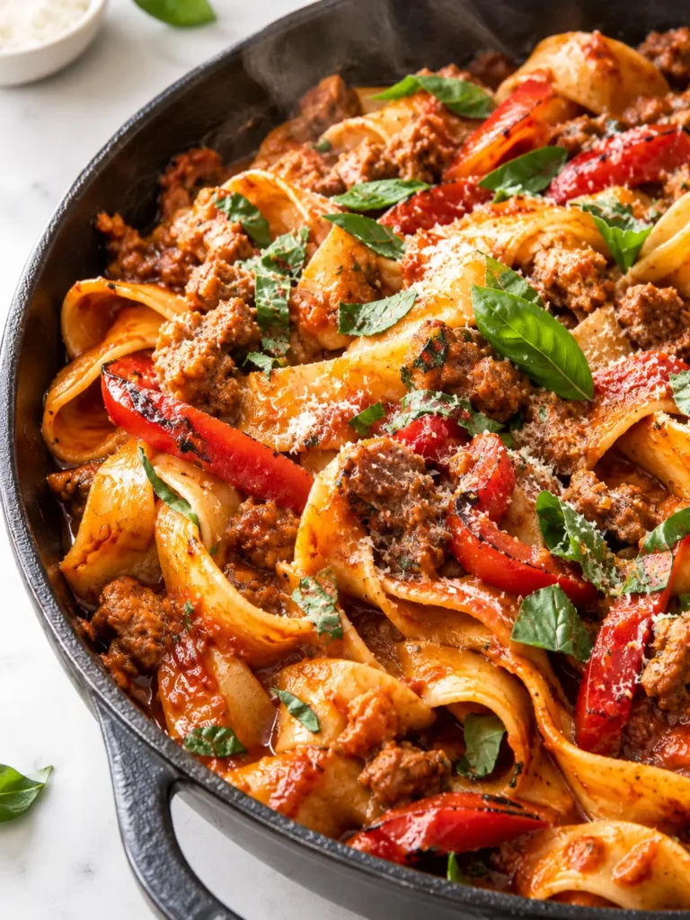Italian drunken noodles topped with Parmesan and basil