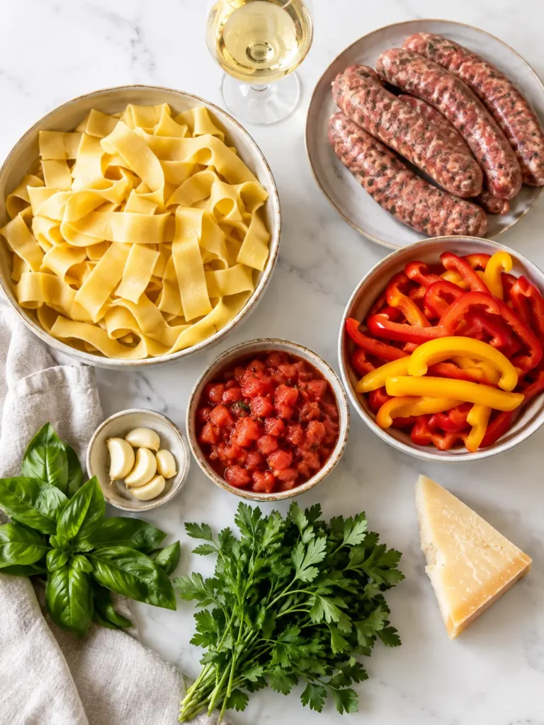 Ingredients for Italian drunken noodles including egg noodles, sausage, and peppers