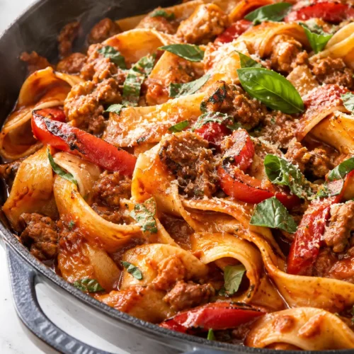 Close-up of saucy Italian drunken noodles recipe with sausage and basil in a skillet