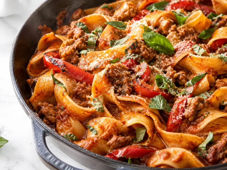 Close-up of saucy Italian drunken noodles recipe with sausage and basil in a skillet
