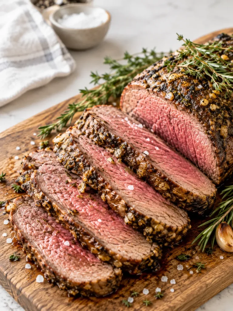 Juicy sliced New York steak roast recipe pin with garlic-herb crust