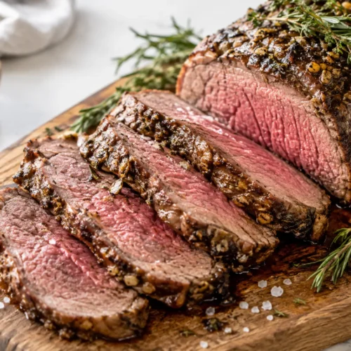 Sliced juicy medium-rare New York steak roast with a golden garlic-herb crust on a wooden board