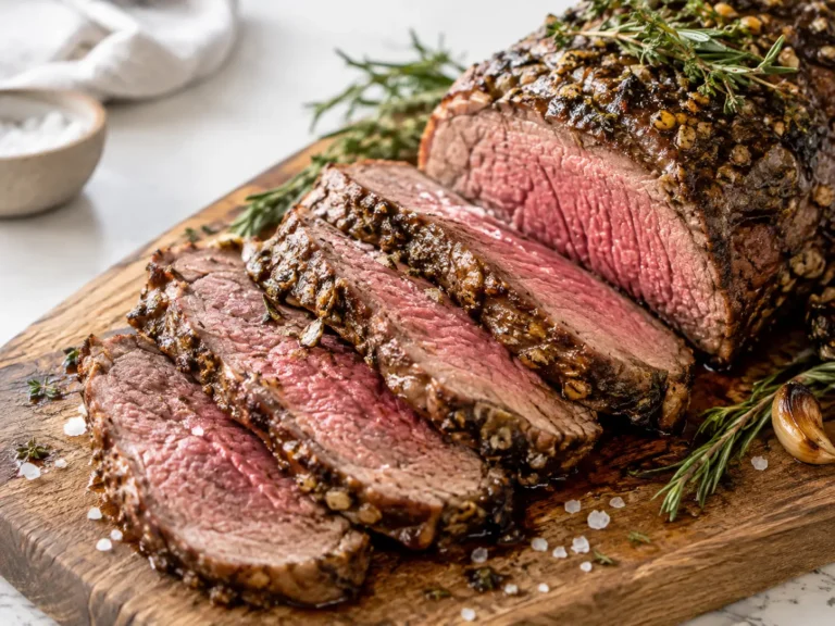 Sliced juicy medium-rare New York steak roast with a golden garlic-herb crust on a wooden board