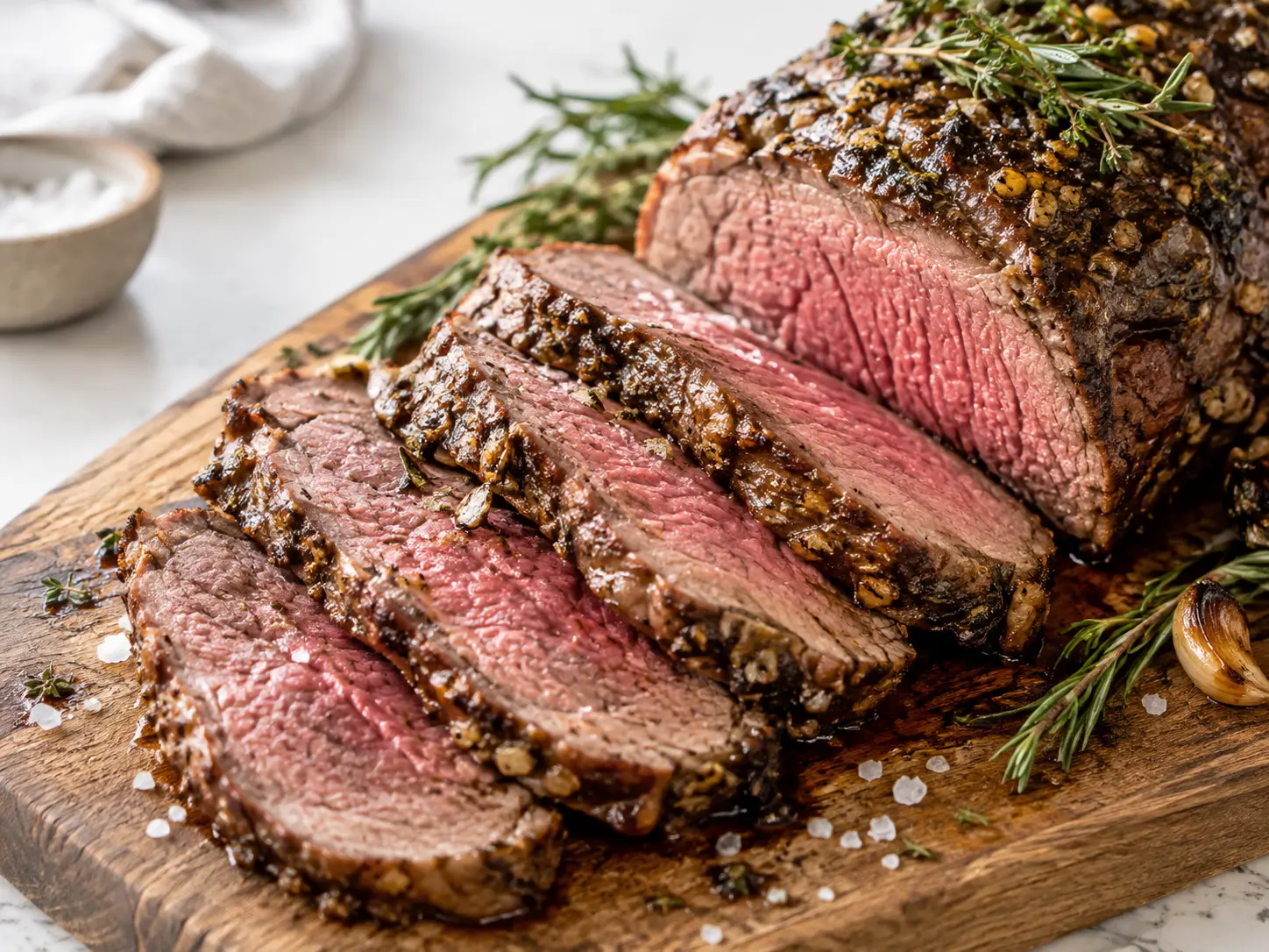 Sliced juicy medium-rare New York steak roast with a golden garlic-herb crust on a wooden board