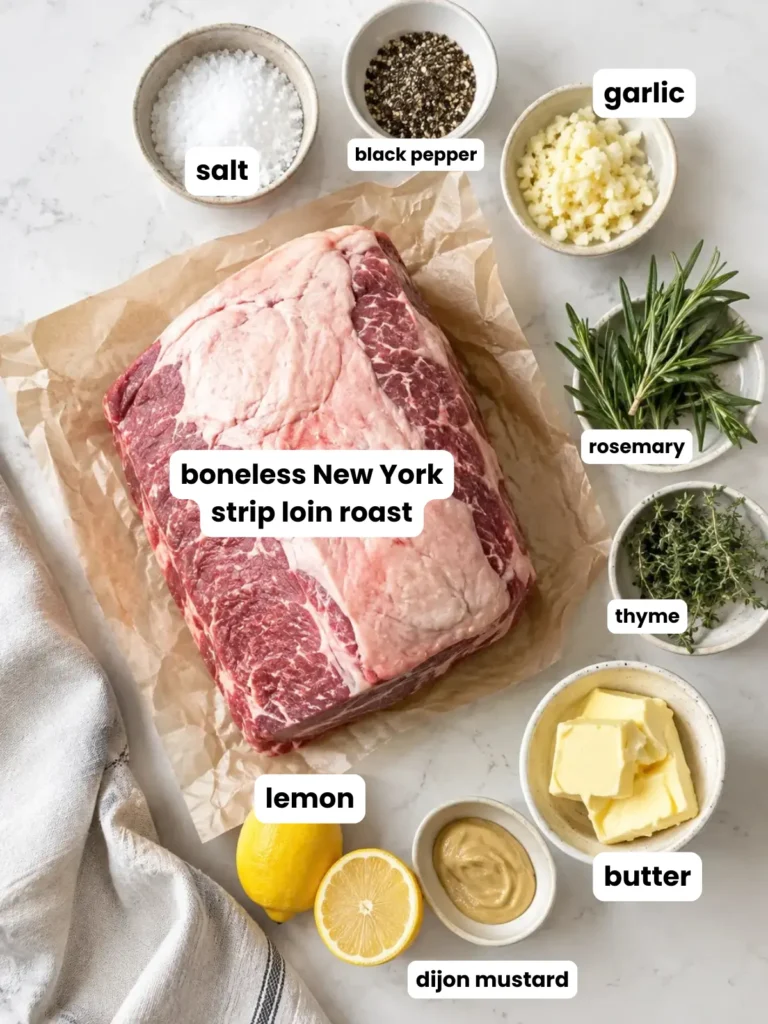Ingredients for New York strip loin roast: strip roast, butter, garlic, rosemary, thyme, lemon, salt and pepper