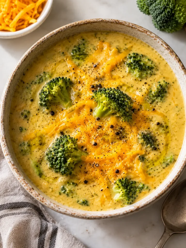 a bowl of high protein broccoli cheddar soup served with crusty bread