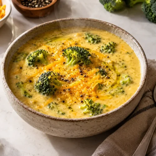 Close-up of creamy high protein broccoli cheddar soup topped with melted cheddar cheese