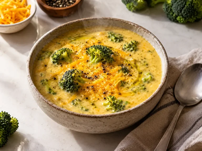 Close-up of creamy high protein broccoli cheddar soup topped with melted cheddar cheese