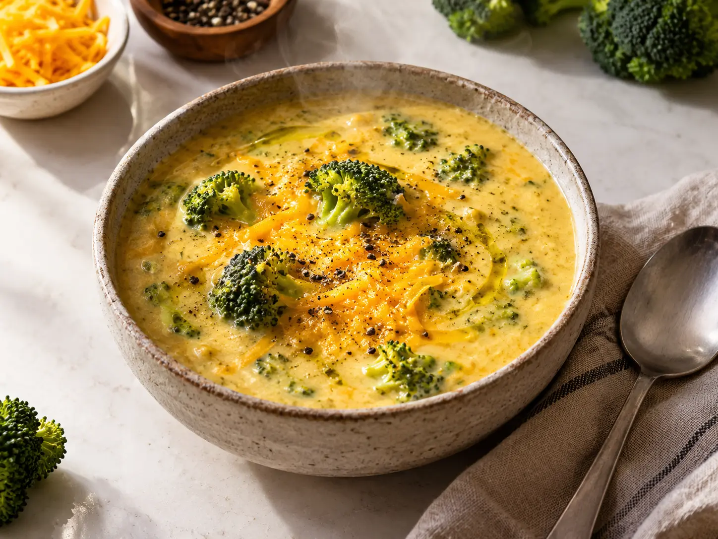 Close-up of creamy high protein broccoli cheddar soup topped with melted cheddar cheese