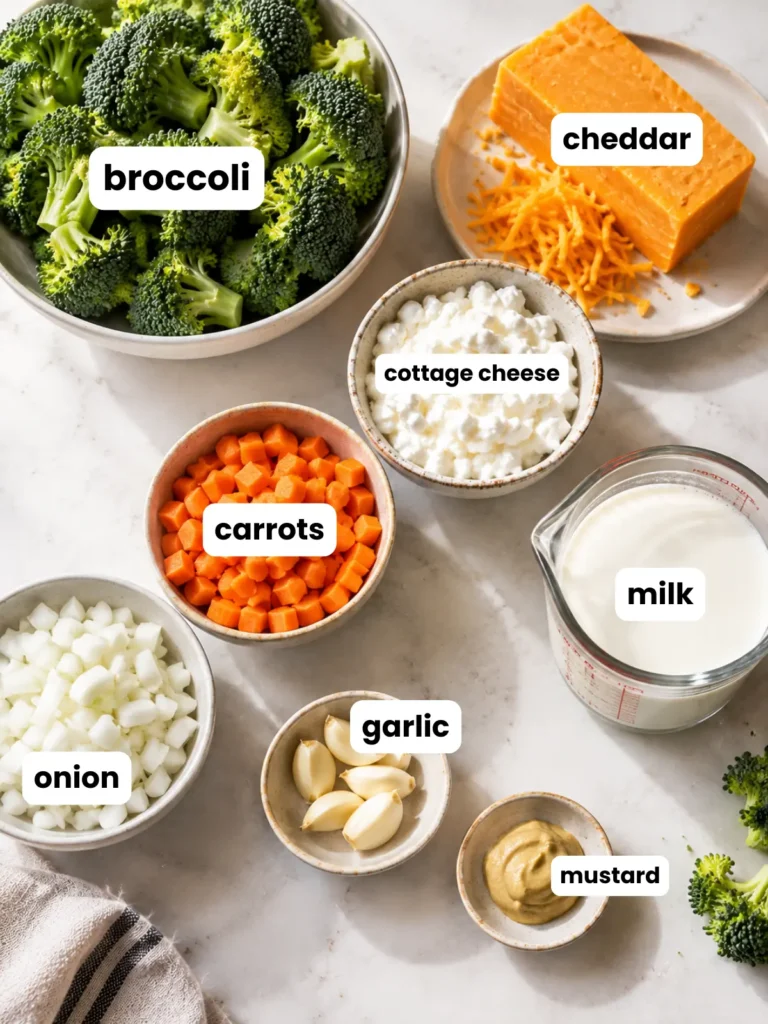 Flat-lay of ingredients for high protein broccoli cheddar soup including cottage cheese and broccoli